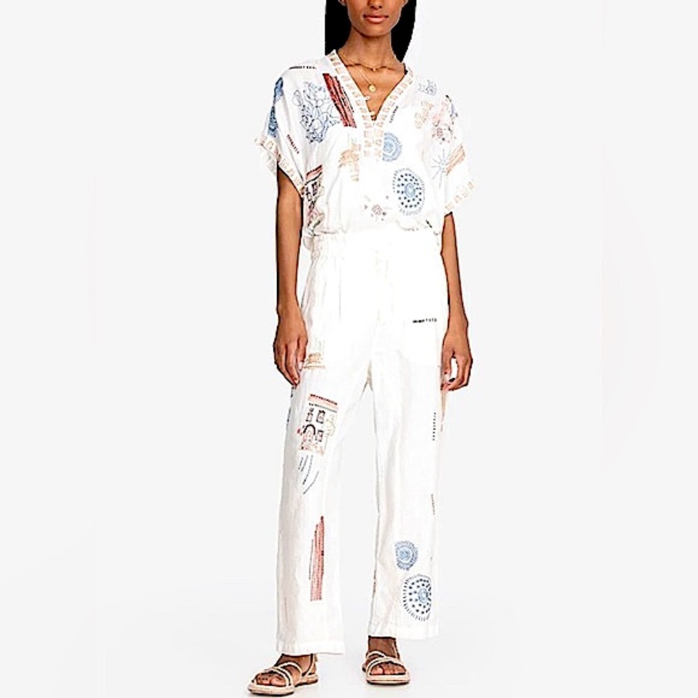 Johnny Was White Linen Elettra Embroidered Pant, S